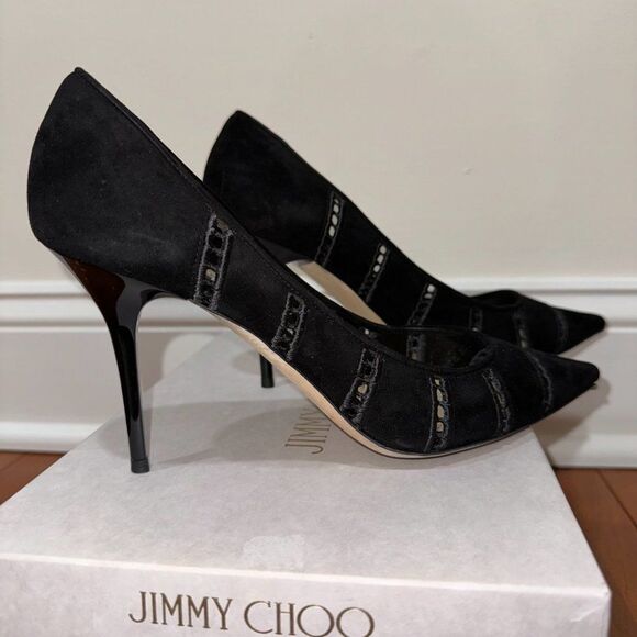 Jimmy Choo Black Embroidered Perforated Suede Agnes Heels - Picture 7 of 10